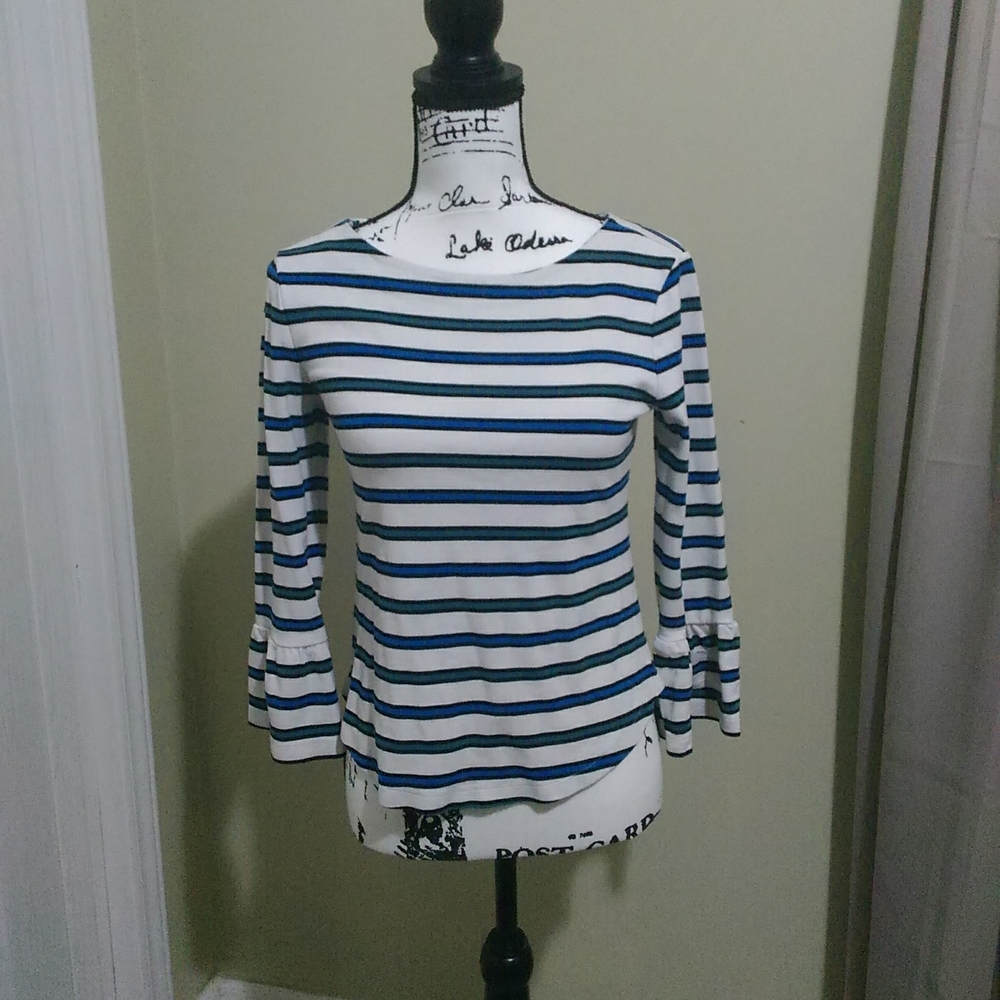 And Taylor White blue and green strip top